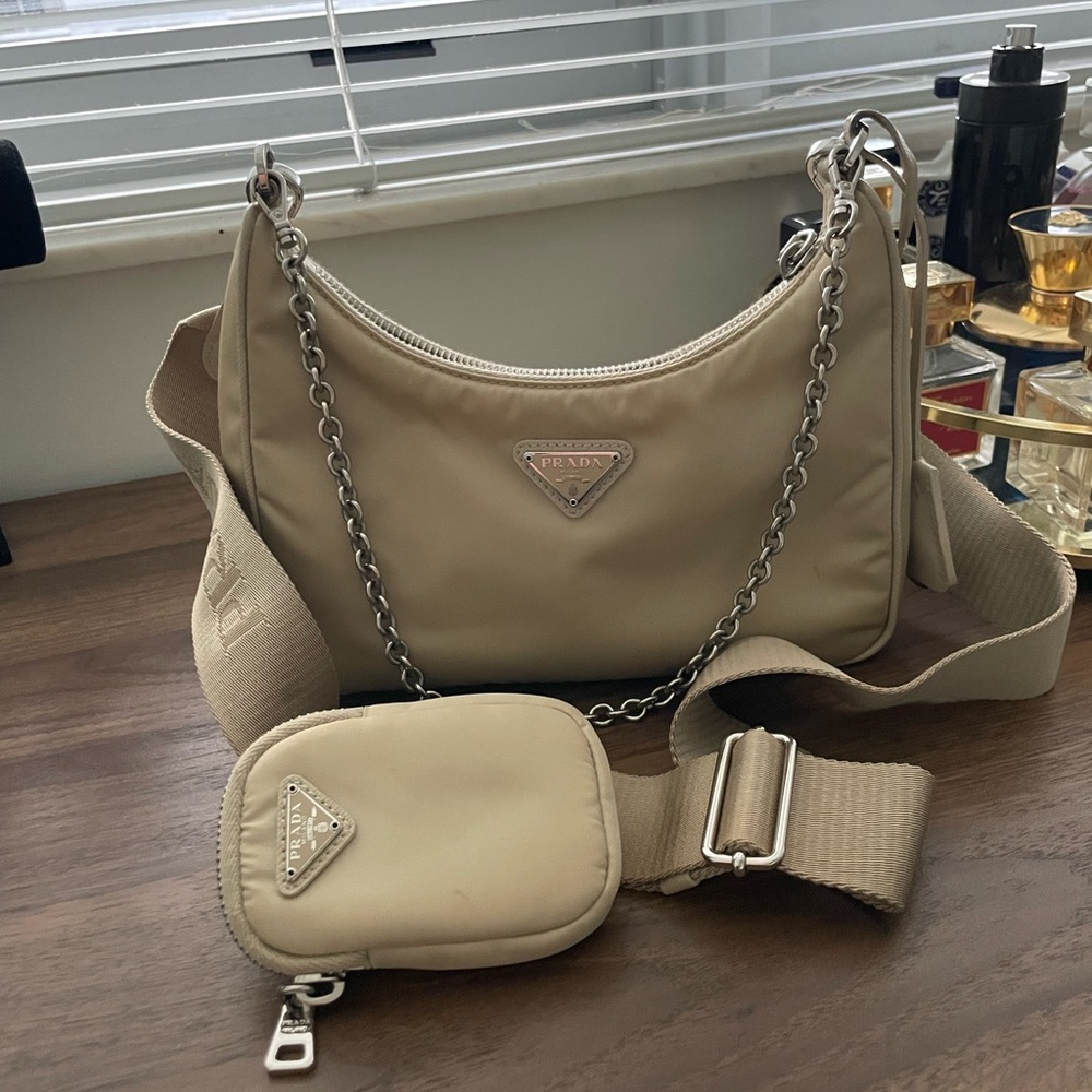 Prada Tan Nylon Shoulder Bag with Silver Hardware